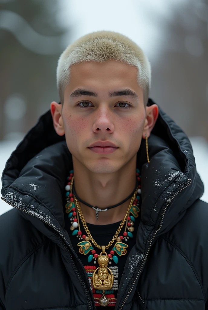 seen from the front make the fat face of a young man a little fat in 4K quality and short white hair on top on the side of the head a gradient until he is bald, wearing a black winter jacket with oedra jewelry wearing a hood open over his head,wearing a gold necklace with a small cat on the pendant. as if parading