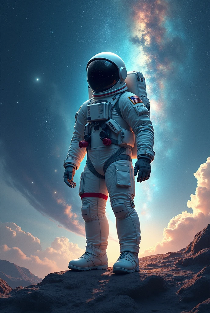 Poster realted to space but aesthetic a man in universe in a space suit