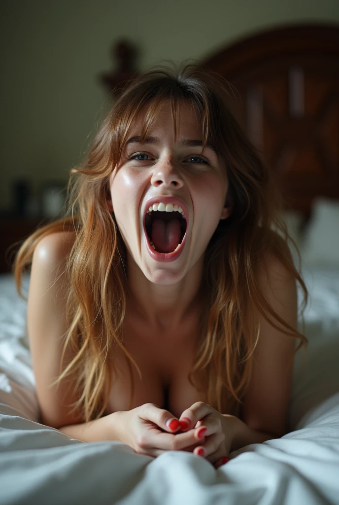18yo slutty catholic school girl laying on bed screaming on a porno set. Natural lighting