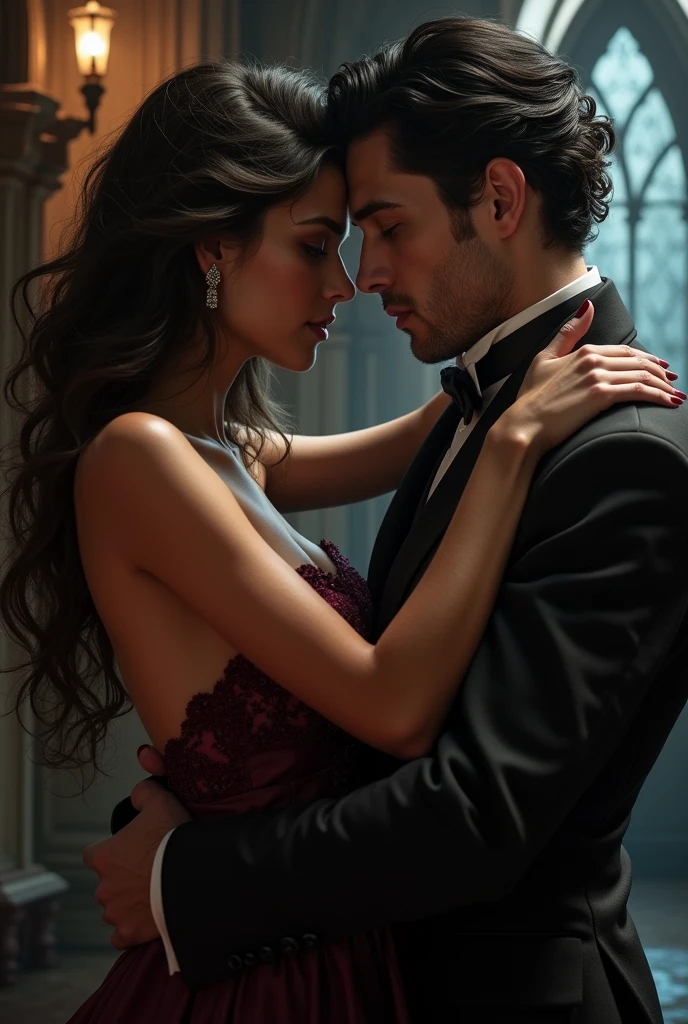 beautiful tanned skin woman romantically hugging a vampire man