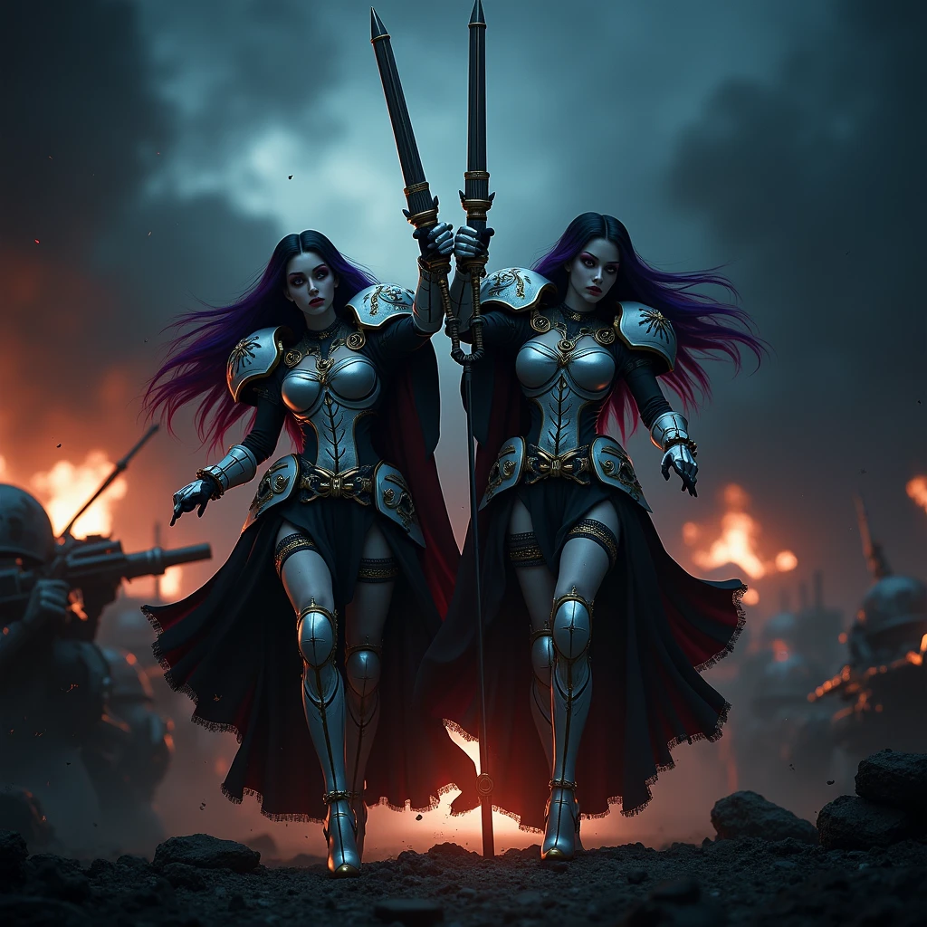 Masterpiece, Best Quality, Official Art, (Highly Detailed CG Unity 8k wallpaper), Detailed background, (Hands by Guido Daniele: 1.1). Full body pose sexy sisters of battle from the warhammer 40k, shooting at the enemy, white armor with intricate details, red armor with intricate details, religous symbols on the armor, sisters of battle, warhammer 40k, Massive silicone breast, pale skin, seductive, temptation, eat your soul, clevage, long flowing black hair with purple highlights, heavy gothic makeup, at night, neon, beautiful detailed eyes, beautiful detailed lips, extremely detailed eyes and face, long eyelashes, highly detailed armor, intricate futuristic weaponry, dramatic lighting, cinematic composition, muted color palette, gritty and realistic, mecha, science fiction, hyper-detailed, photorealistic, award winning digital art, 8k, HDR, masters work, in the middle of a battle field, full body combat action pose, explosions and fire around, full war, stunning, Stilleto heels, high heels, full body pose, cinematic, movie trailer, final stand!, nemesis, ready to strike, dust and debree, combat screams, attacking, shooting at the enemy, running forward, last line of defense, charging, fanatic, religious, templar knights, sisters of battle, warhammer 40k