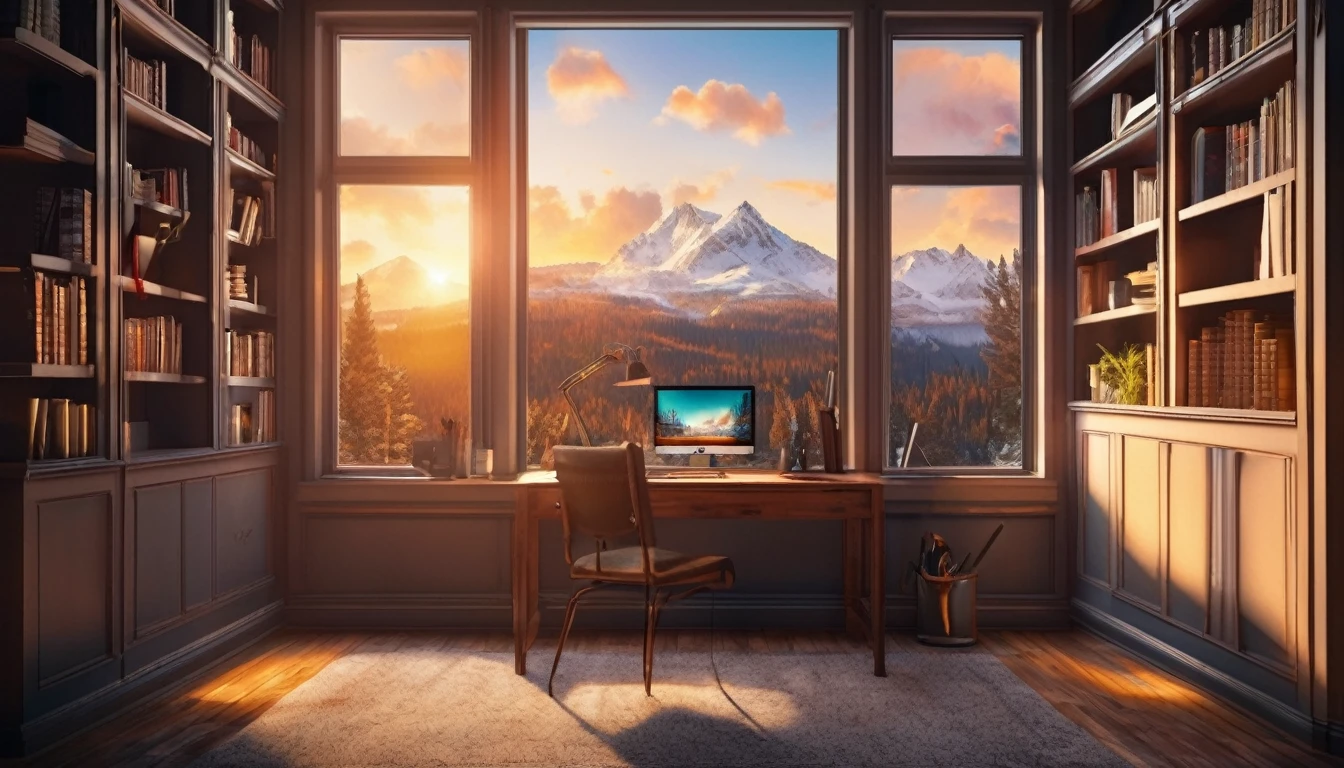 a bookshelf in a study room,snow covered mountains outside the window,sunlight streaming through the window,detailed interior,cozy home office,dramatic lighting,moody atmosphere,warm colors,photorealistic,highly detailed,8k