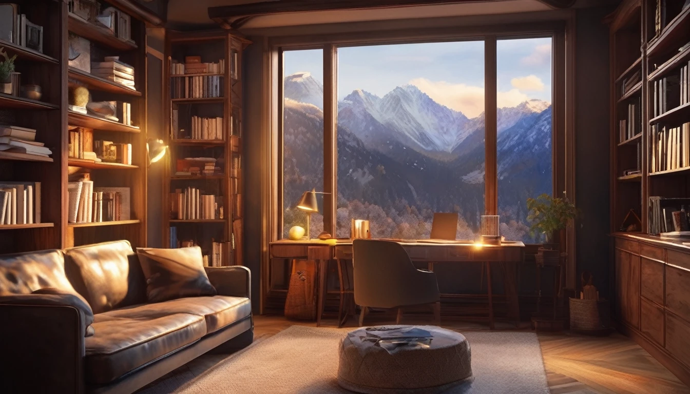 a bookshelf in a study room,snow covered mountains outside the window,sunlight streaming through the window,detailed interior,cozy home office,dramatic lighting,moody atmosphere,warm colors,photorealistic,highly detailed,8k