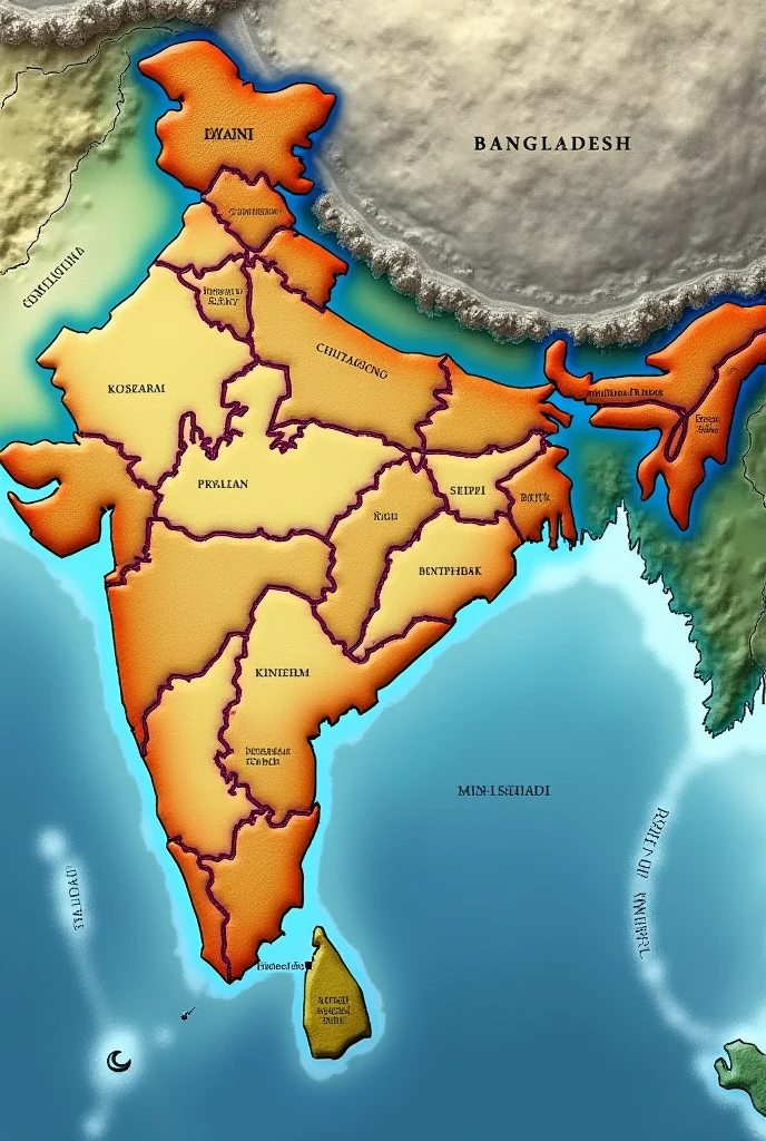 India map with chicken neck and Chittagong of Bangladesh