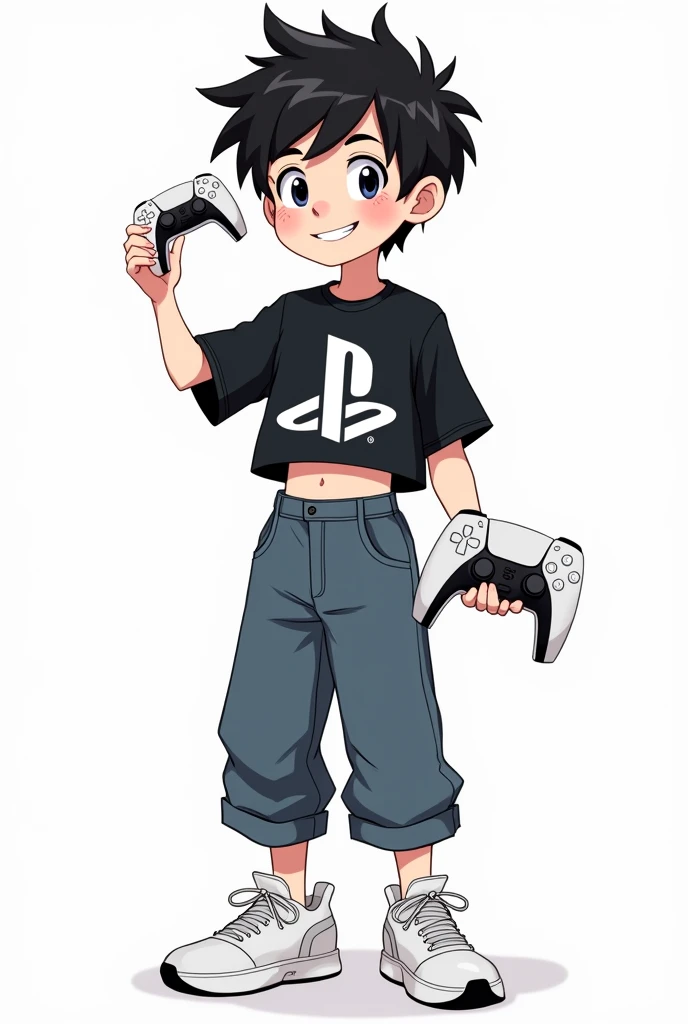 a drawing, style like Breely7&#39;s which he used on his channel, of a boy with black hair and eyes, with a cropped and boxy t-shirt with the white slick logo, some baggy jean shorts and some Yezzy Foam running shoes, you have to be smiling and holding a ps5 controller in one hand, Deve parecer a drawing no estilo do Oliver Stubassa