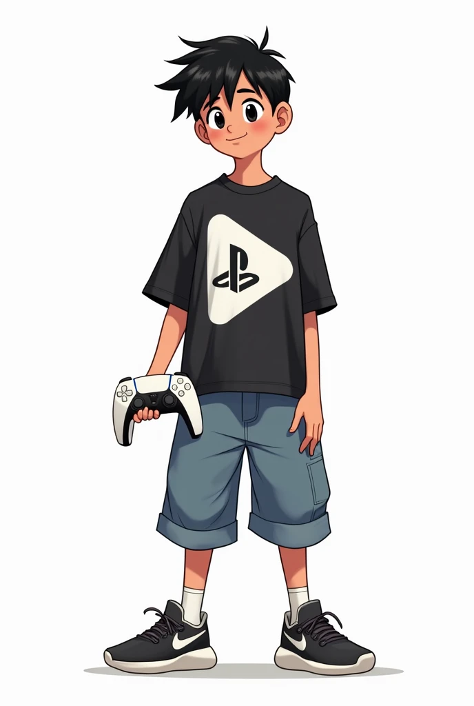 a drawing, style like Breely7&#39;s which he used on his channel, of a boy with black hair and eyes, with a cropped and boxy t-shirt with the white slick logo, some baggy jean shorts and some Yezzy Foam running shoes, you have to be smiling and holding a ps5 controller in one hand, Deve parecer a drawing no estilo do Oliver Stubassa