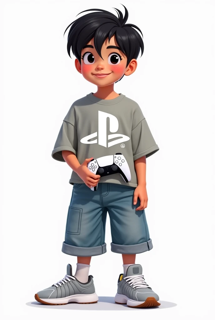 a drawing, style like Breely7's which he used on his channel, of a boy with black hair and eyes, with a cropped and boxy t-shirt with the white slick logo, some baggy jean shorts and some Yezzy Foam running shoes, you have to be smiling and holding a ps5 controller in one hand, Deve parecer a drawing no estilo do Oliver Stubassa