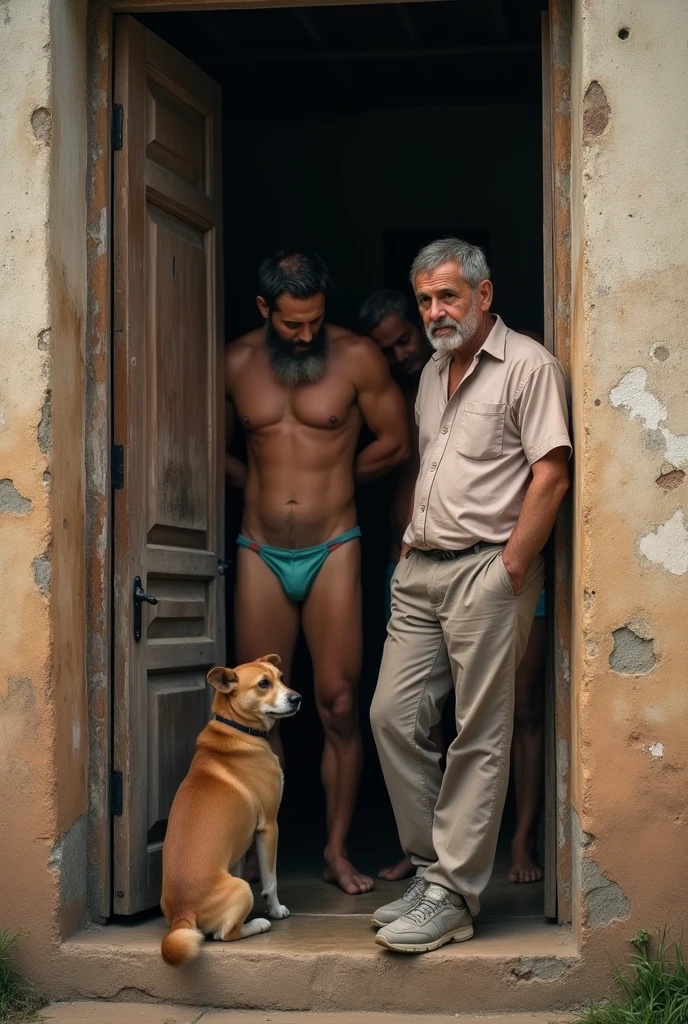 Shirt reporter, pants and sneakers leaning against the door outside an old house next to a dog, looking at strong, bearded Bolivian men taking a shower in their underwear inside.