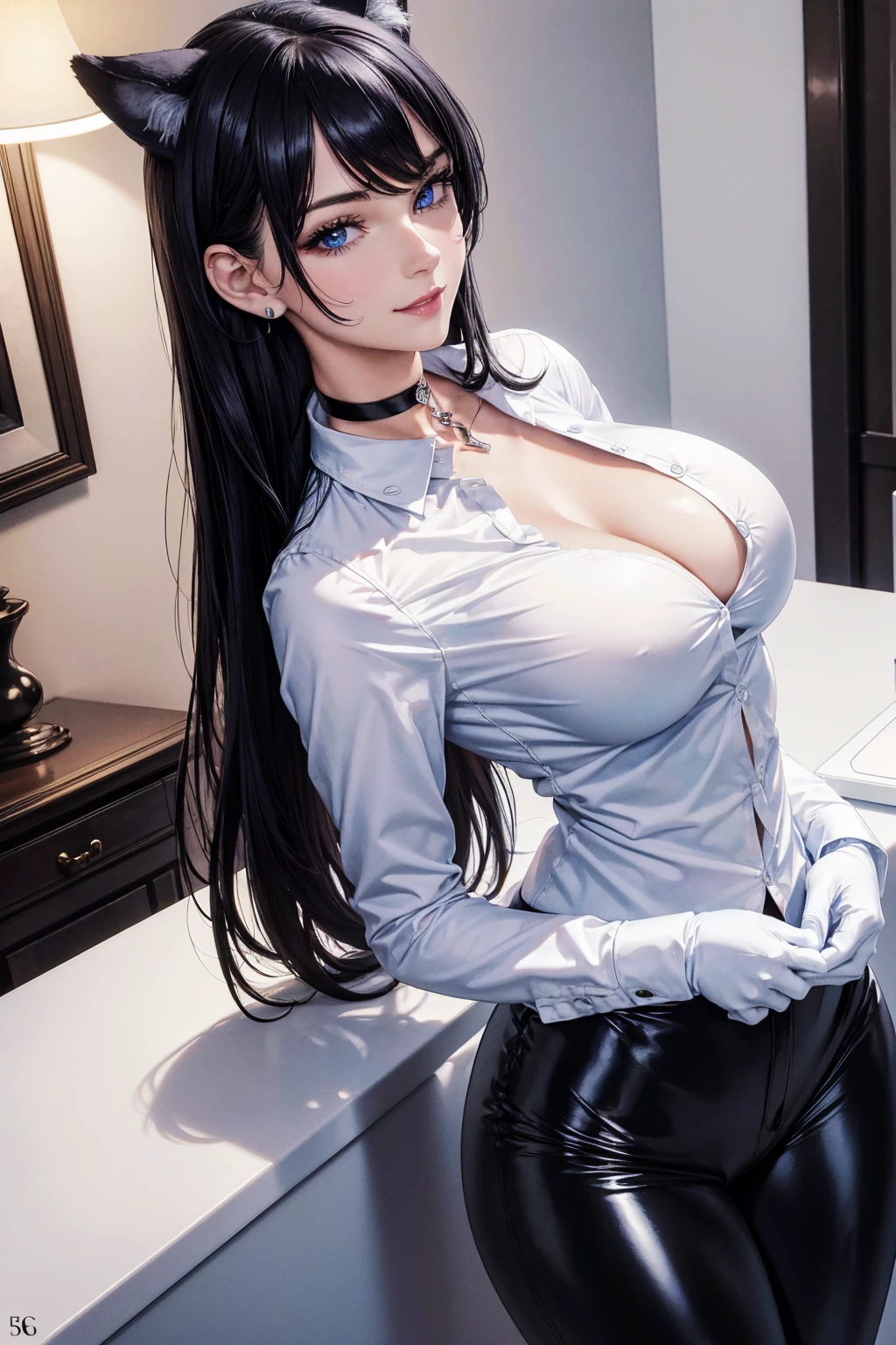 masterpiece, Superior image quality, High resolution, 4k image,photo and gross, photorealistic, whole body, 1 girl,  standing, {{{vagina}}}, big breasts, beautiful face, wolf ears, long black hair, blue eyes, very detailed eyes, seductive expression, draw smile, choker:1.6, (white long sleeve button down shirt with white collar), black gloves, gloves that cover hands, (shiny black leggings), Sensual Lips,  view from above, Elegant room, at night