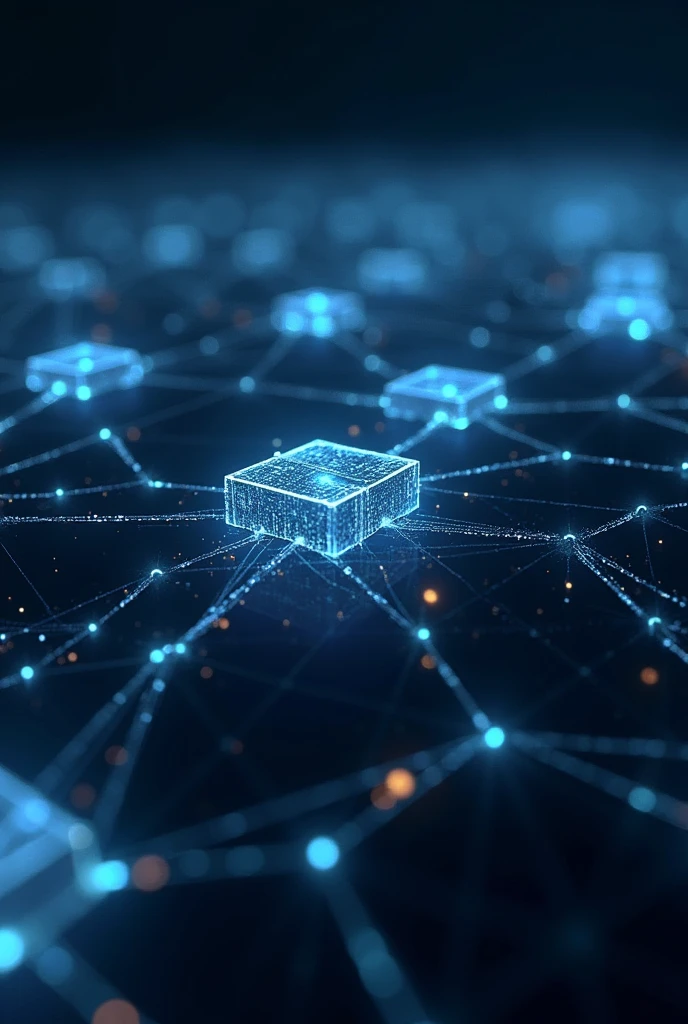 A close-up view of digital blocks forming a chain, each block glowing and connected to the next by bright lines of light.