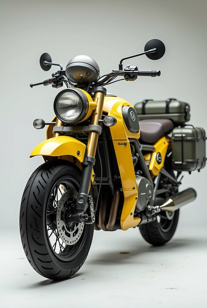 Yellow 250cc scooter motorcycle with grey and white military-style metal exoskeleton all terrain with suitcases on the sides and back, high loading area, round headlights like a rigid military-style simple design