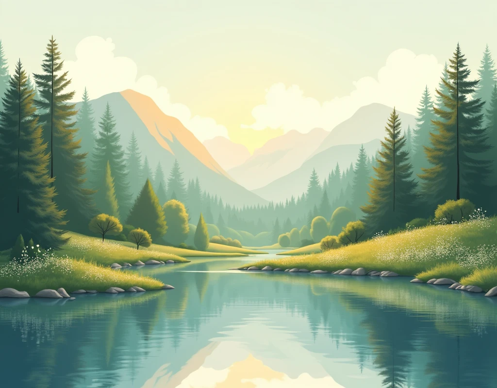 Create a series of serene, calming landscape illustrations that evoke a deep sense of peace and gratitude. Each landscape should feature a different natural setting, such as a tranquil lake surrounded by tall pine trees, a sunlit meadow filled with wildflowers, a misty mountain range at dawn, and a quiet beach with gentle waves lapping at the shore. The scenes should be bathed in soft, warm light, with natural, muted colors that enhance the feeling of calm and reflection.
The composition should focus on the beauty of nature in its purest form, with elements like softly rippling water, gently swaying trees, and distant horizons that invite the viewer to take a deep breath and relax. Subtle details, such as a path leading into the forest or a small wooden bench overlooking the ocean, can be included to add a personal, introspective touch.
Each landscape should be designed with a balance of open space and detail, creating an atmosphere that encourages the viewer to pause, reflect, and appreciate the simple, profound beauty of the natural world.