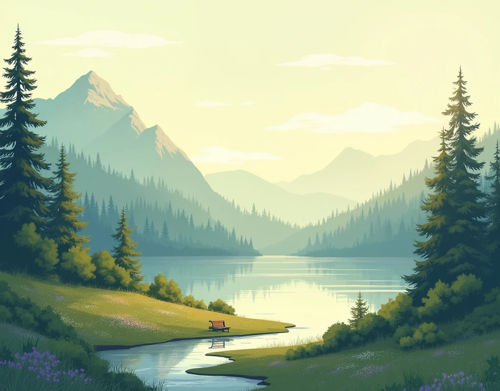 Create a series of serene, calming landscape illustrations that evoke a deep sense of peace and gratitude. Each landscape should feature a different natural setting, such as a tranquil lake surrounded by tall pine trees, a sunlit meadow filled with wildflowers, a misty mountain range at dawn, and a quiet beach with gentle waves lapping at the shore. The scenes should be bathed in soft, warm light, with natural, muted colors that enhance the feeling of calm and reflection.
The composition should focus on the beauty of nature in its purest form, with elements like softly rippling water, gently swaying trees, and distant horizons that invite the viewer to take a deep breath and relax. Subtle details, such as a path leading into the forest or a small wooden bench overlooking the ocean, can be included to add a personal, introspective touch.
Each landscape should be designed with a balance of open space and detail, creating an atmosphere that encourages the viewer to pause, reflect, and appreciate the simple, profound beauty of the natural world.