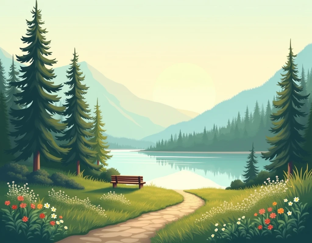 Create a series of serene, calming landscape illustrations that evoke a deep sense of peace and gratitude. Each landscape should feature a different natural setting, such as a tranquil lake surrounded by tall pine trees, a sunlit meadow filled with wildflowers, a misty mountain range at dawn, and a quiet beach with gentle waves lapping at the shore. The scenes should be bathed in soft, warm light, with natural, muted colors that enhance the feeling of calm and reflection.
The composition should focus on the beauty of nature in its purest form, with elements like softly rippling water, gently swaying trees, and distant horizons that invite the viewer to take a deep breath and relax. Subtle details, such as a path leading into the forest or a small wooden bench overlooking the ocean, can be included to add a personal, introspective touch.
Each landscape should be designed with a balance of open space and detail, creating an atmosphere that encourages the viewer to pause, reflect, and appreciate the simple, profound beauty of the natural world.