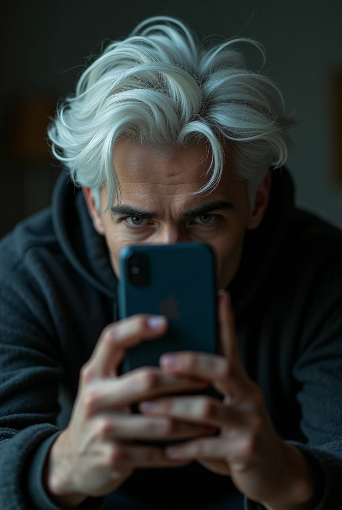 (photorealism:1.2), Handsome boy with white hair taking a photo in the mirror with his cell phone, with a somewhat dark background of his room and where his face is not very visible , that the cell phone is focused and that it looks as realistic as possible and that it is slightly covering your face