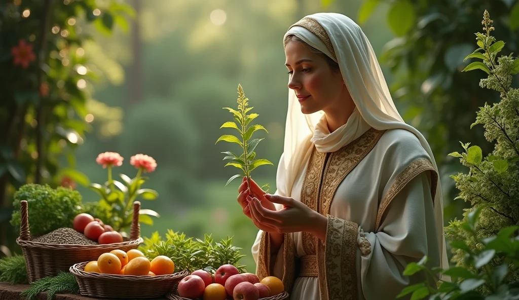 Create an ultra-realistic image of Saint Hildegard of Bingen, the German patron saint of natural medicine. She is depicted in a serene, nature-filled setting, surrounded by lush greenery, herbs, and plants. She holds a medicinal plant in her hands, symbolizing her deep connection with the healing powers of nature. The background includes elements like baskets of organic fruits, seeds, and freshly picked herbs, emphasizing the purity of natural remedies. Her expression is gentle and wise, radiating a sense of calm and spiritual strength. The scene should convey the message "let your food be your medicine," with the natural environment and Saint Hildegard guiding the way to health through wholesome, earth-derived nourishment.