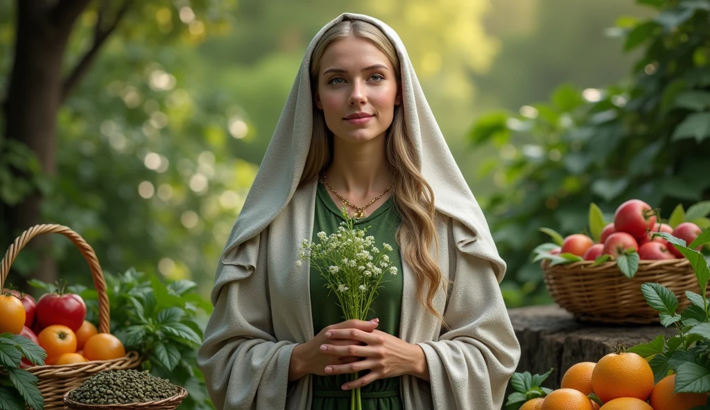 Create an ultra-realistic image of Saint Hildegard of Bingen, the German patron saint of natural medicine. She is depicted in a serene, nature-filled setting, surrounded by lush greenery, herbs, and plants. She holds a medicinal plant in her hands, symbolizing her deep connection with the healing powers of nature. The background includes elements like baskets of organic fruits, seeds, and freshly picked herbs, emphasizing the purity of natural remedies. Her expression is gentle and wise, radiating a sense of calm and spiritual strength. The scene should convey the message "let your food be your medicine," with the natural environment and Saint Hildegard guiding the way to health through wholesome, earth-derived nourishment.