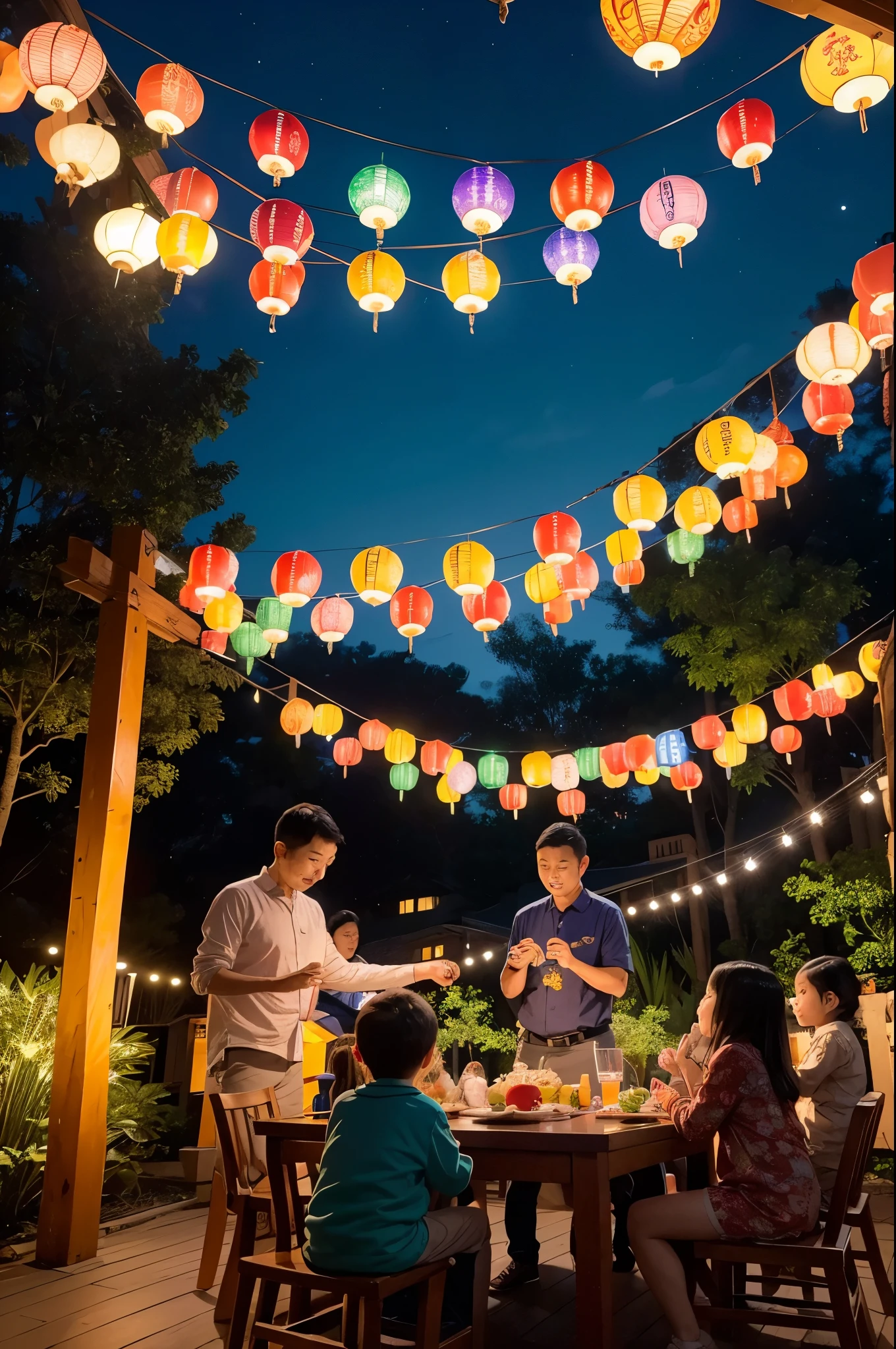 "A vibrant scene from the Mid-Autumn Festival, featuring families gathering to enjoy mooncakes and admire the full moon. The setting includes beautifully decorated outdoor areas with traditional lanterns and festive lights. Children play with colorful lanterns, and the moon is prominently visible in the night sky, symbolizing unity and the harvest."