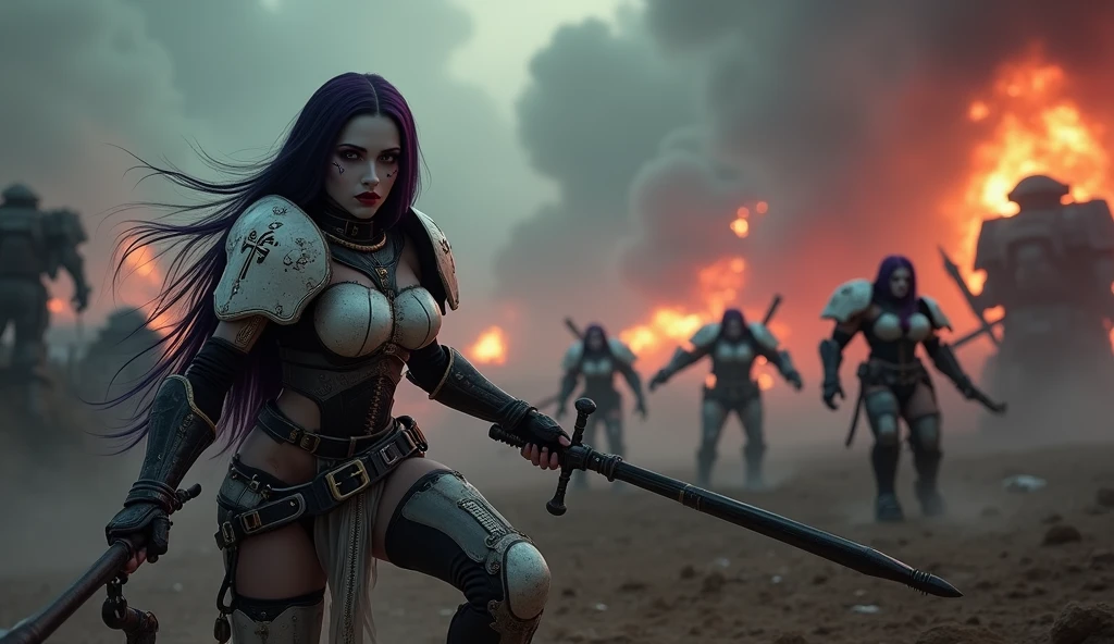 Masterpiece, Best Quality, Official Art, (Highly Detailed CG Unity 8k wallpaper), Detailed background, (Hands by Guido Daniele: 1.1). Full body pose sexy sisters of battle from the warhammer 40k, shooting at the enemy, white armor with intricate details, red armor with intricate details, religous symbols on the armor, sisters of battle, warhammer 40k, Massive silicone breast, pale skin, seductive, temptation, eat your soul, clevage, long flowing black hair with purple highlights, heavy gothic makeup, at night, neon, beautiful detailed eyes, beautiful detailed lips, extremely detailed eyes and face, long eyelashes, highly detailed armor, intricate futuristic weaponry, dramatic lighting, cinematic composition, muted color palette, gritty and realistic, mecha, science fiction, hyper-detailed, photorealistic, award winning digital art, 8k, HDR, masters work, in the middle of a battle field, full body combat action pose, explosions and fire around, full war, stunning, Stilleto heels, high heels, full body pose, cinematic, movie trailer, final stand!, nemesis, ready to strike, dust and debree, combat screams, attacking, shooting at the enemy, running forward, last line of defense, charging, fanatic, religious, templar knights, sisters of battle, warhammer 40k