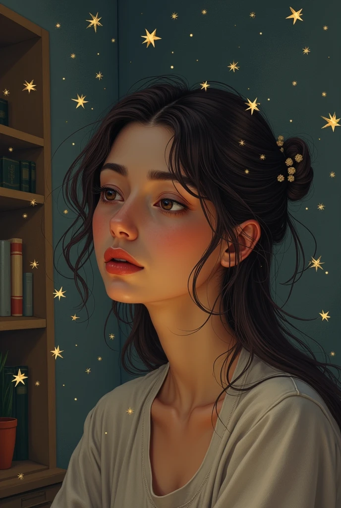 Drawing of a thoughtful woman's head with stars lighting up around a psychologist's room