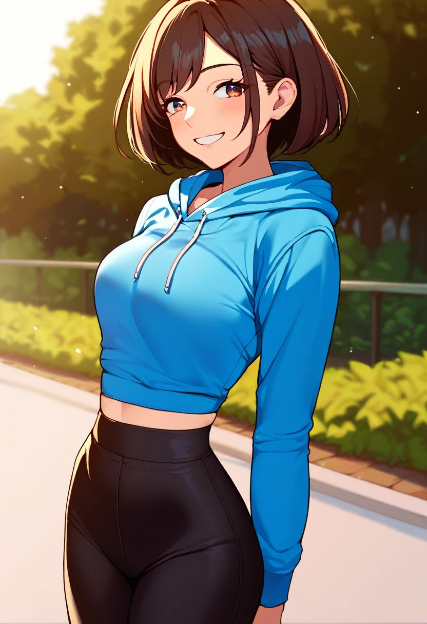 score_9, score_8_up, source_anime, 1girl, solo, InoueYurina, short hair, bob cut, outdoors, park, blue hoodie, high-waist pants, yoga pants, black pants, light blush, smile, 