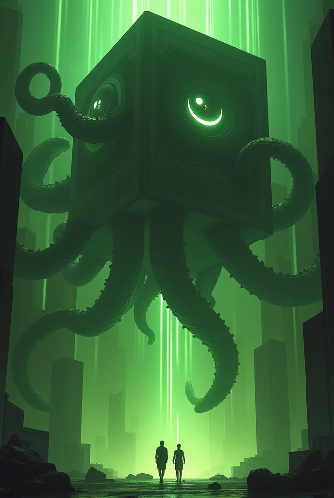 A gigantic floating cuboid structure with dark, twisting s, radiating an intense green light from the circular patterns and illuminated eyes embedded in their faces. The scene has a dark and futuristic atmosphere., with a greenish-yellow lighting that envelops the entire space, full of geometric shapes and blocks suspended in the air. Two human figures look tiny in front of this monstrous entity., highlighting its colossal scale. The atmosphere is oppressive and mysterious., as if the place were a prison or a temple of some cosmic deity. The style is a combination of science fiction and cosmic horror, with intricate details and a sense of alien grandeur.