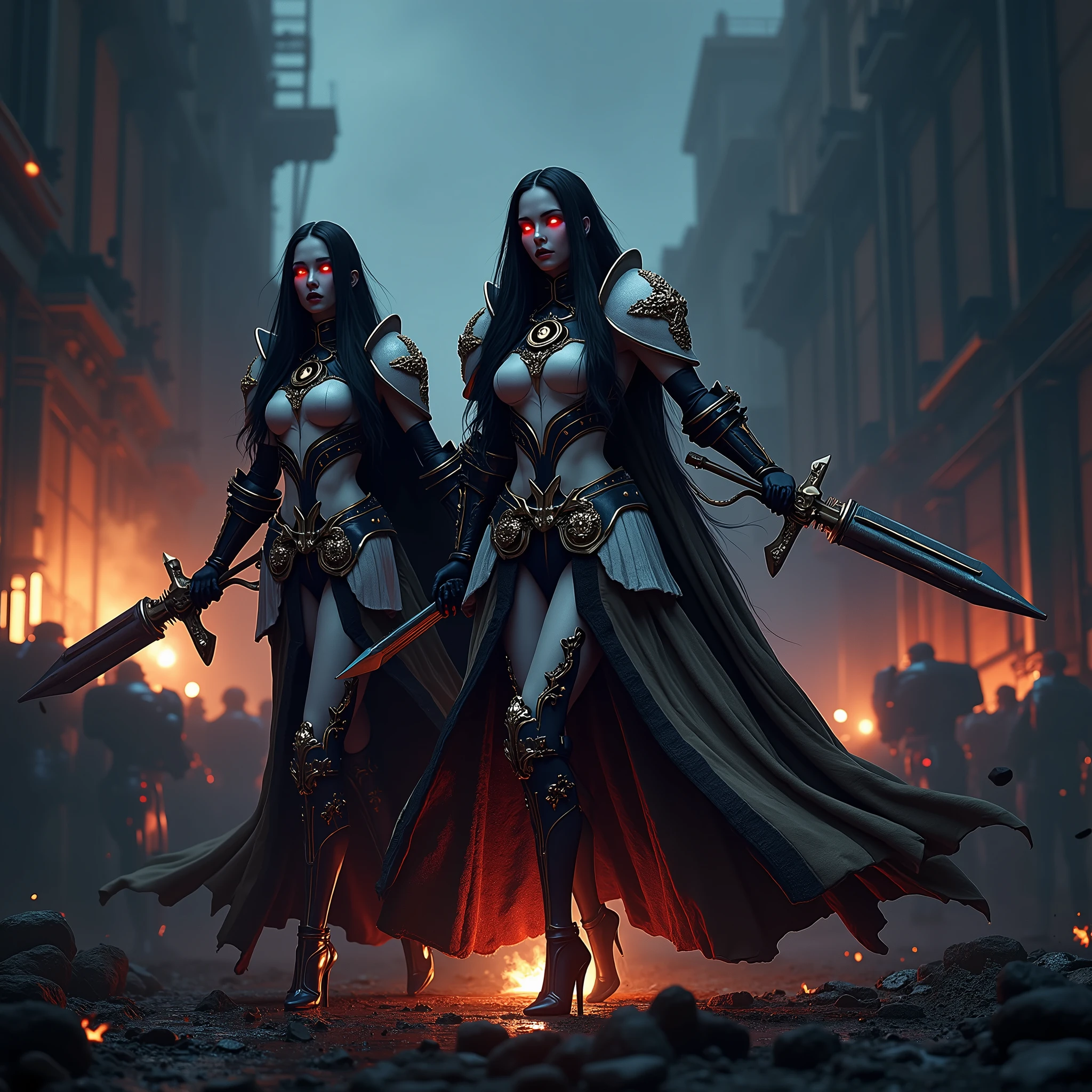 Masterpiece, Best Quality, Official Art, (Highly Detailed CG Unity 8k wallpaper), Detailed background, (Hands by Guido Daniele: 1.1). Full body pose sexy sisters of battle from the warhammer 40k, shooting at the enemy, white armor with intricate details, red armor with intricate details, religous symbols on the armor, sisters of battle, warhammer 40k, Massive silicone breast, pale skin, seductive, temptation, eat your soul, clevage, long flowing black hair with purple highlights, heavy gothic makeup, at night, neon, beautiful detailed eyes, beautiful detailed lips, extremely detailed eyes and face, long eyelashes, highly detailed armor, intricate futuristic weaponry, dramatic lighting, cinematic composition, muted color palette, gritty and realistic, mecha, science fiction, hyper-detailed, photorealistic, award winning digital art, 8k, HDR, masters work, in the middle of a battle field, full body combat action pose, explosions and fire around, full war, stunning, Stilleto heels, high heels, full body pose, cinematic, movie trailer, final stand!, nemesis, ready to strike, dust and debree, combat screams, attacking, shooting at the enemy, running forward, last line of defense, charging, fanatic, religious, templar knights, sisters of battle, warhammer 40k