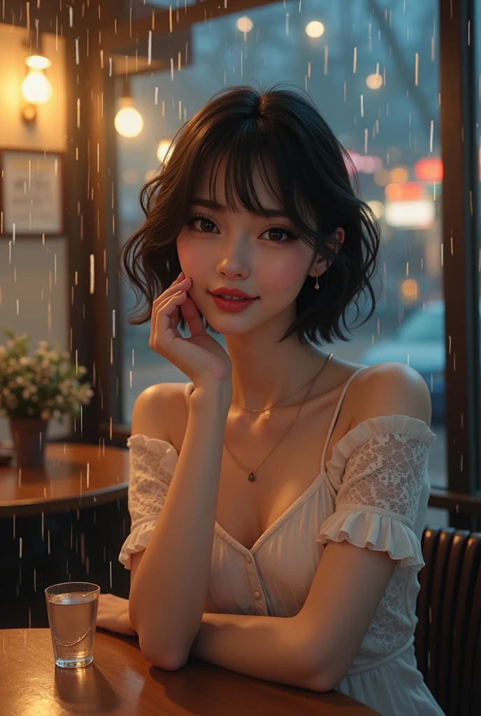(8k, best quality, masterpiece:1.2), (realistic, photo-realistic:1.37), ultra-detailed,((( 1 girl))),solo,beautiful detailed sky,detailed cafe,night,sitting,dating,(nose blush),(smile:1.15),(closed mouth) small breasts,beautiful detailed eyes,(shirt:1.1), night, wet, rain,white lace, (short hair:1.2),floating hair NovaFrogStyle, ((full body)),stand, sexy, cute