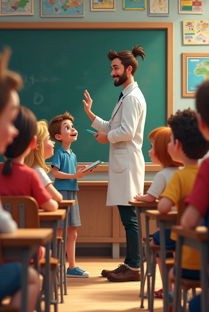 Create an elementary school classroom with laughing boys and girls, with a calm face or raising his hand and a teacher standing next to the blackboard with a white lab coat. There should be posters and maps on the walls.