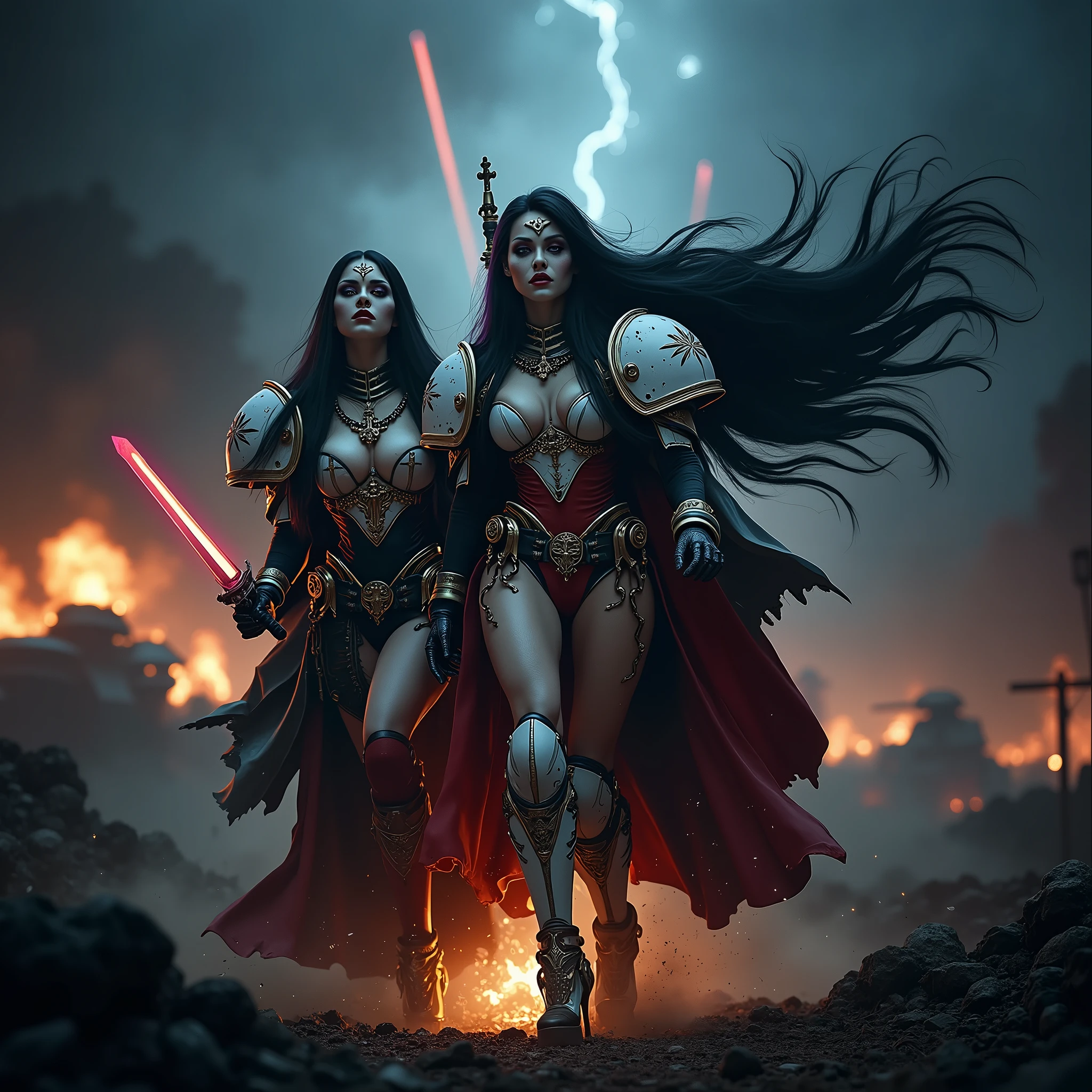 Full body pose sexy sisters of battle from the warhammer 40k, shooting at the enemy, white armor with intricate details, red armor with intricate details, religous symbols on the armor, sisters of battle, warhammer 40k, Massive silicone breast, pale skin, seductive, temptation, eat your soul, clevage, long flowing black hair with purple highlights, heavy gothic makeup, at night, neon, beautiful detailed eyes, beautiful detailed lips, extremely detailed eyes and face, long eyelashes, highly detailed armor, intricate futuristic weaponry, dramatic lighting, cinematic composition, muted color palette, gritty and realistic, mecha, science fiction, hyper-detailed, photorealistic, award winning digital art, 8k, HDR, masters work, in the middle of a battle field, full body combat action pose, explosions and fire around, full war, stunning, Stilleto heels, high heels, full body pose, cinematic, movie trailer, final stand!, nemesis, ready to strike, dust and debree, combat screams, attacking, shooting at the enemy, running forward, last line of defense, charging, fanatic, religious, templar knights, sisters of battle, warhammer 40k
