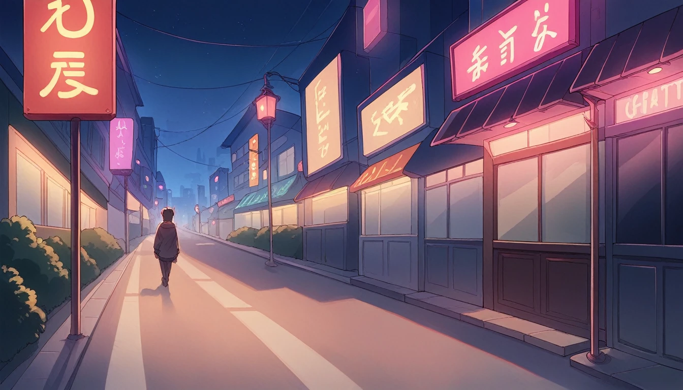 Create a high-quality anime-style scene of a quiet city street at night, with glowing neon signs and dim streetlights. The scene should include a person walking with headphones on, immersed in the cityscape. Capture the calm, reflective mood with detailed lighting and urban elements.