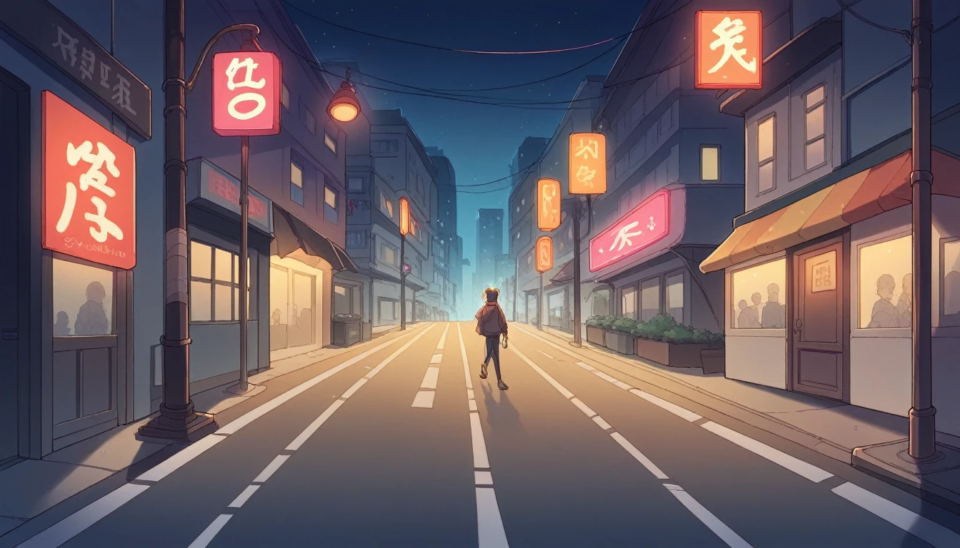 Create a high-quality anime-style scene of a quiet city street at night, with glowing neon signs and dim streetlights. The scene should include a person walking with headphones on, immersed in the cityscape. Capture the calm, reflective mood with detailed lighting and urban elements.