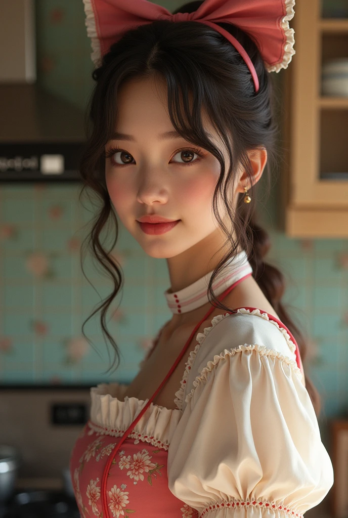 (8th, Best Quality, masterpiece: 1.2), (realist, realist, photorealist: 1.37), 1 woman, hyper detail, beautifuls detalles de ojos, beautiful, detailed nose, (((1 girl))), lolita dress, 7 minutes, kitchen, smile,