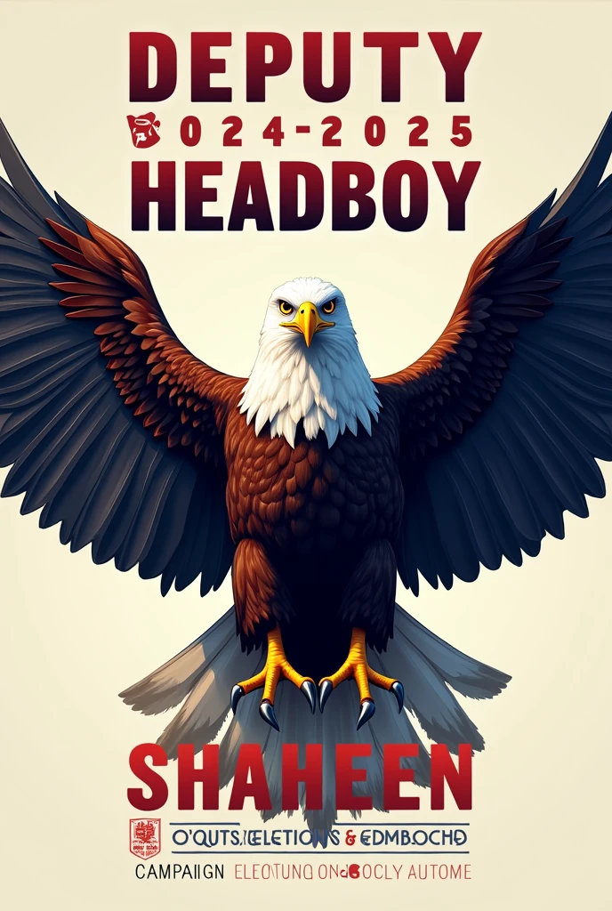 Create me a poster with Heading o*ELECTIONS 2024-2025*
Deputy headboy APS-DCI
Vote for Eagle ( SHAHEEN )
And add an image of a eagle
Dont add any picture of a person , just and eagle