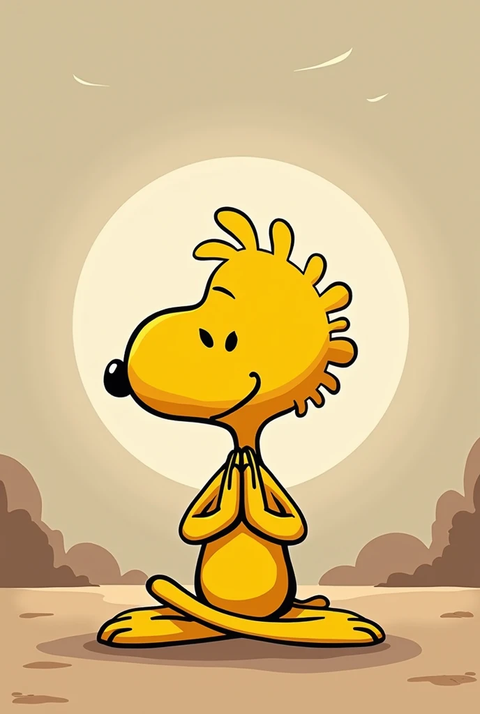 Animated design of Woodstock character, same as the fable, black outline and yellow Woodstock , doing yoga with a namaste background , make the head more like the character from the fable snoopy