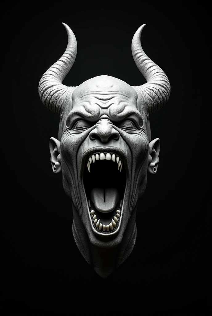 3d silver metallic screaming african man head with devil horns sculpture floating against a pitch black background extremely detailed and textured
