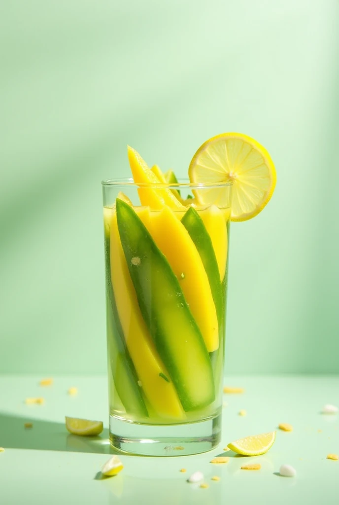 glass full of green mango cut into strips with a slice of lemon on top