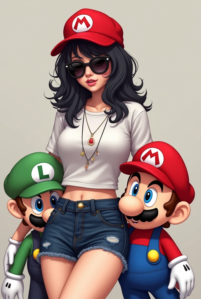 A picture of me with black sunglasses, a Mario Bros cap and my outfit is a short t-shirt and a skirt, with black hair and some Mario Bros and Luigi Bros stuffed animals