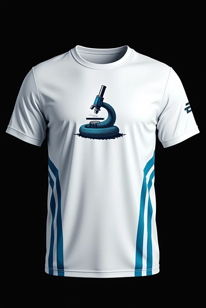 White shirt on a black background with Pharmacy course print with a small snake coat of arms wrapped around a microscope (half punk) on the chest and in a sporty style with straight blue stripes on the vertical sides