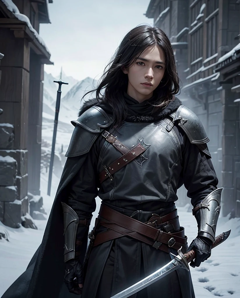 Please generate a picture of a man standing with a sword in front of me for my online novel，The woman behind is extremely beautiful HD cover，This is its introduction：Winter is coming，The fate of Skyrim hangs by a thread。The Thalmor&#39;s cavalry tramples this ancient land，The shadow of the dragon looms over the world。And he，Relos，A humble bastard，But holds the power to change everything - the blood of the Dragonborn。 But it&#39;s not salvation he desires，But conquer。He will pave a bloody road to the pinnacle of power with iron, blood and fire，Stepping on the corpses of enemies，Ascend the  and cold throne。