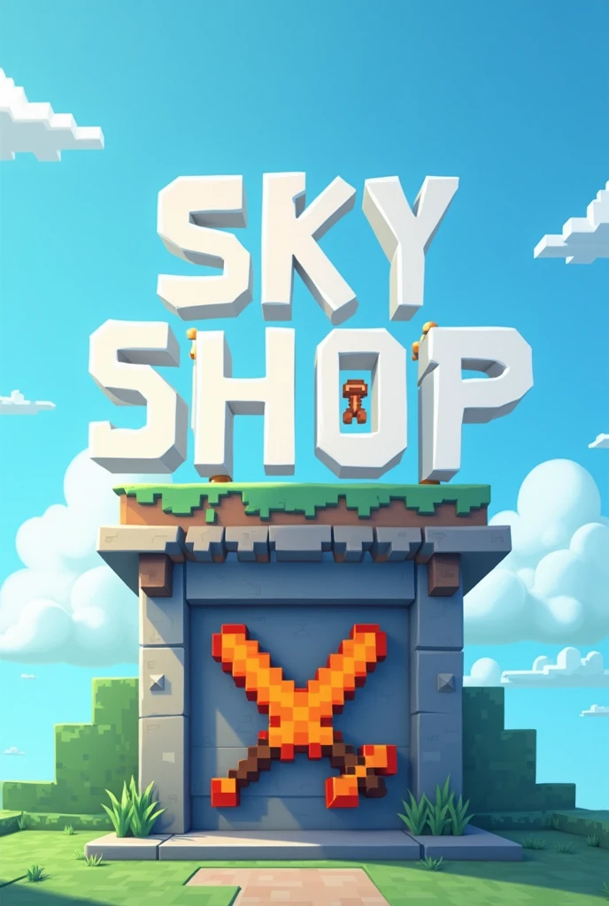 Il doit y avoir marqué en gros Sky Shop . En arrière plan un ciel claire avec peu de nuage . En dessous de l'écriture,il doit y avoir un magasin qui a pour logo une épée Minecraft Orange et une pioche Minecraft Orange qui se croisent