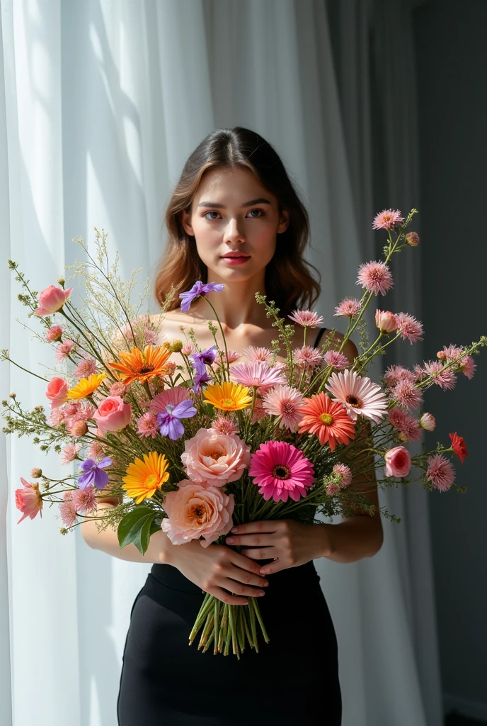 beautiful woman with a amazing bouquet of wildflowers, colored flowers, fluid painting, black white background, studio photography