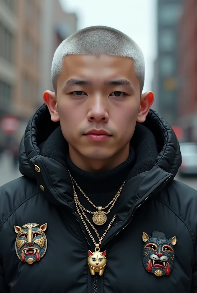 seen from the front make the fat face of a young man a little fat in 4K quality and short white hair on top on the side of the head a gradient until he is bald, wearing a black winter jacket with oedra jewelry wearing a hood open over his head,wearing a gold necklace with a small cat on the pendant. as if parading