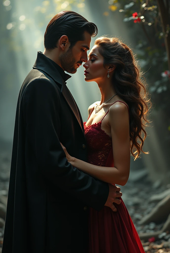 beautiful tanned skin woman with a mysterious vampire man