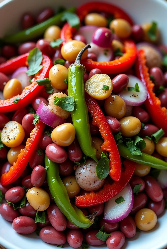 Create an image of this recipe: Roasted Bean and Pepper Salad Ingredients:
- Cooked red beans: 200 g - Red pepper: 100 g - Green pepper: 100 g - Red onion: 50 g - Olive oil: 15 ml - Red wine vinegar: 10 ml
- Sal: 5 g - Pepper: 2 g Preparation:
1. Roast the peppers in the oven at 200°C for 20-25 minutes, until the skin is burned.
then, peel and cut into strips.
2. Wash and cut the onion into thin slices.
3. In a large bowl, Mix the beans with the roasted peppers and onion.
4. In a small container, Combine the olive oil with the vinegar, salt and pepper.
5. Pour the dressing over the salad and mix well..
6. Serve cold or at room temperature.