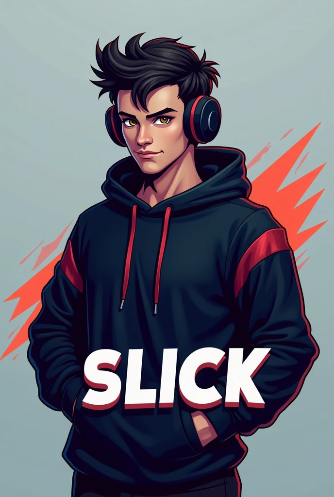 Create a logo of a gamer boy wearing headphones and a black hoodie, e abaixo dele, write in blank "slick"