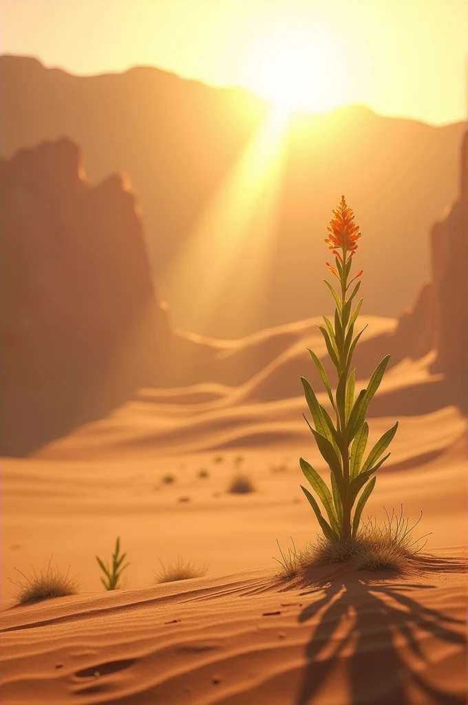 Plant on the right side in the desert illuminated with sun rays