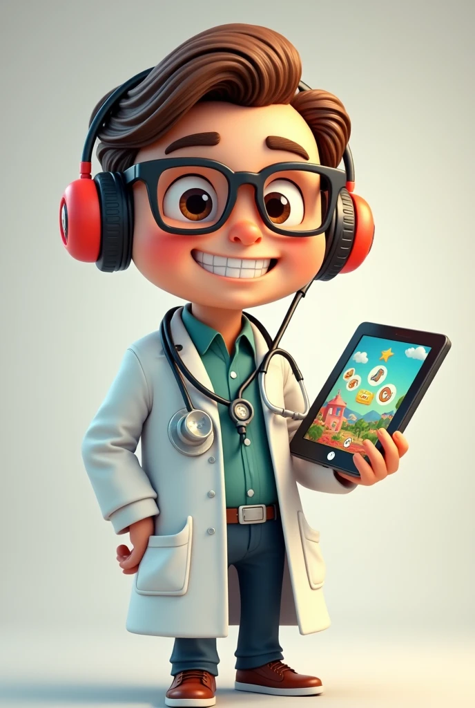 Create a friendly character that resembles a doctor with a playful twist. The character, named Dr. Eco, should have a warm, approachable expression, with a stethoscope shaped like a pair of headphones hanging around his neck. Dr. Eco wears a lab coat, but instead of being plain white, it has subtle, colorful patterns representing sound waves or music notes. His hair is neat, and he has glasses that give him an intelligent yet kind appearance. Dr. Eco is holding a tablet or a device showing a game screen, indicating his connection to auditory training