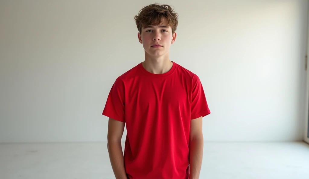 A boy age 19 year red colur shirt in studio rom fornt tebel imeg  size 16:9