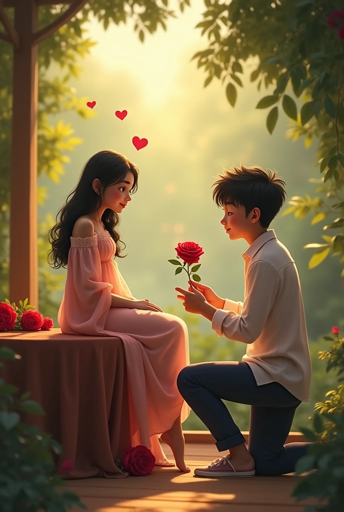 Beautiful girl seting on a table young boy prpose a girl with beautiful rose and the girl name is Arooj and the boy name is Zesshan